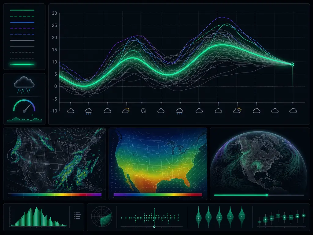EnsemblePro multi-model weather forecast engine showing GFS, ECMWF, and consensus lines