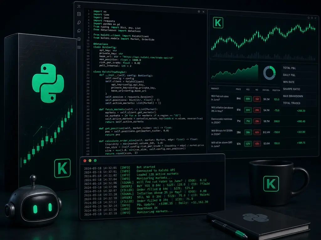 Kalshi trading bot Python code with neon green syntax highlighting on dark editor