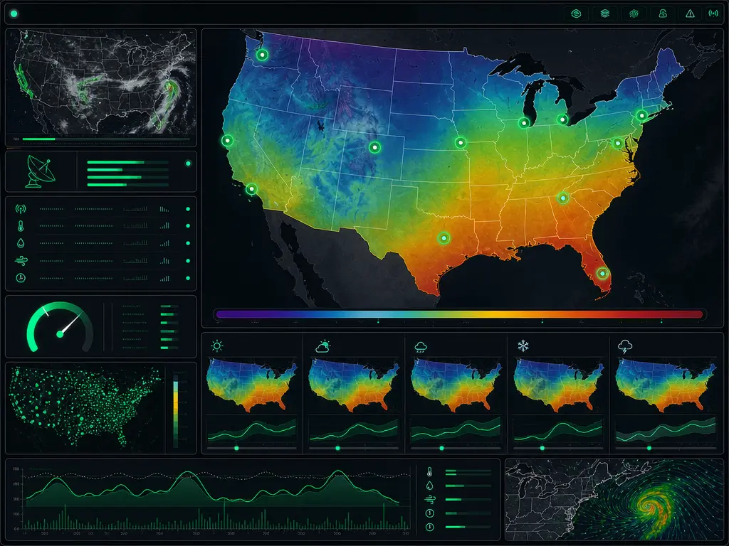 Weather Edge NOAA forecast dashboard with temperature maps and green edge indicators